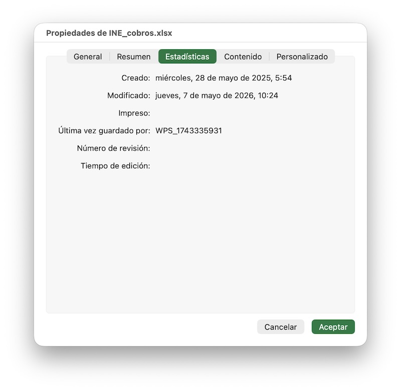 Datos de creación del archivo Excel del ataque phishing que se hace pasar por el INE